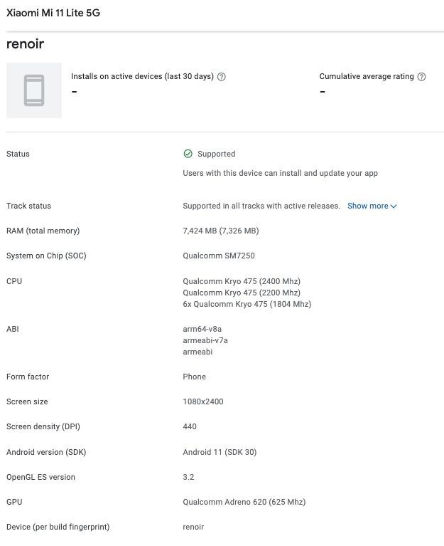 Xiaomi Mi 11 Lite Specification Google Play Console